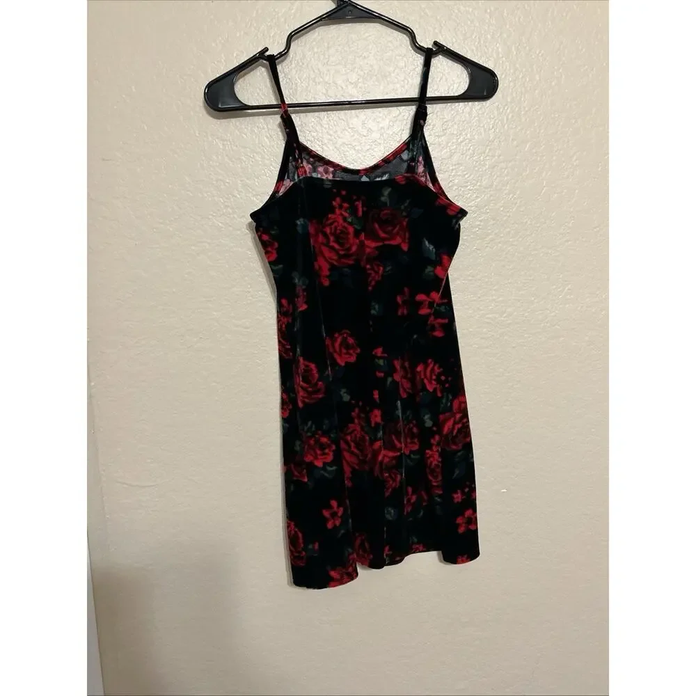 Art Class Velvet Black Spaghetti Tank Dress Red Roses With Slit L 10/12